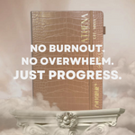 Load image into Gallery viewer, Photo of planner with nude croc vegan leather cover on a column surrounded by clouds. Text reads no burnout. No overwhelm. Just progress.